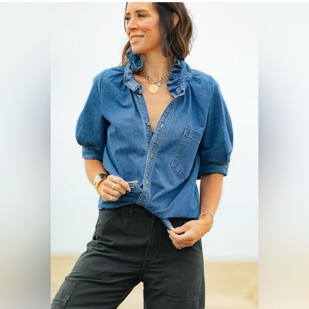 KMJ Southern Lover Denim Shirt XL Ruffle Collar Puff Sleeve Medium Wash Cotton